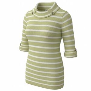 CJ Banks Olive Green & White Striped Rolled Collar w/Roll Tab Accent Sweater 2X